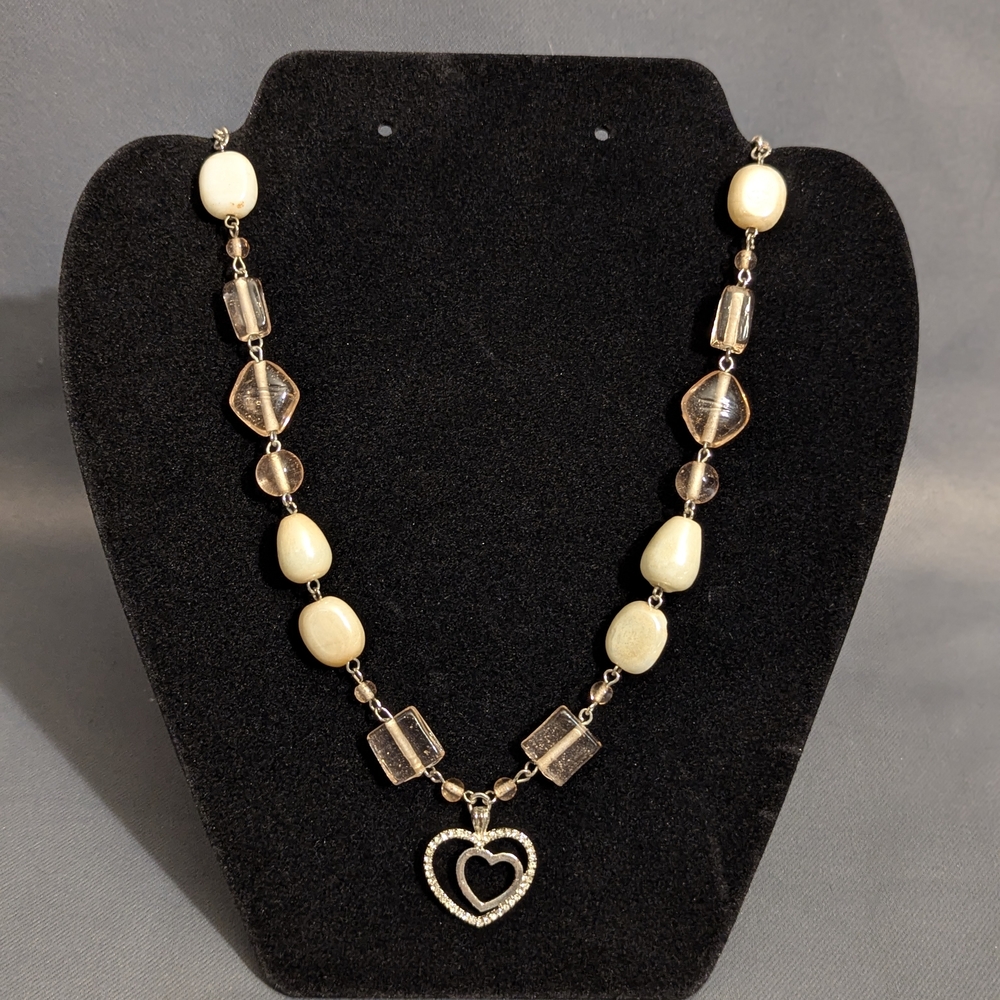 Hand Made Heart Pendant Necklace With Pink And Ivory Beaded Accents